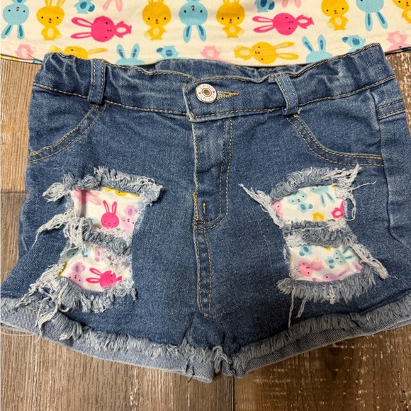 Girls Bunny Print Top and Denim Shorts Set - Picture 2 of 3